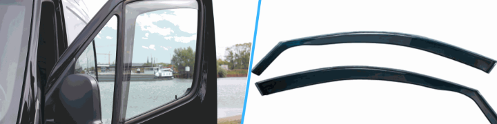 Zijwindgeleiders op een bestelwagen voor frisse lucht en minder windgeruis